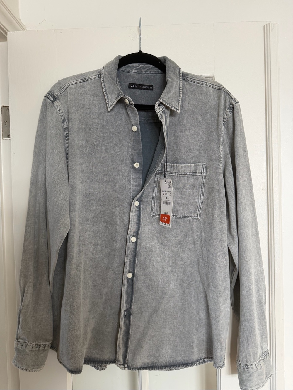 Zara Light Gray Washed Denim Button-Up Shirt